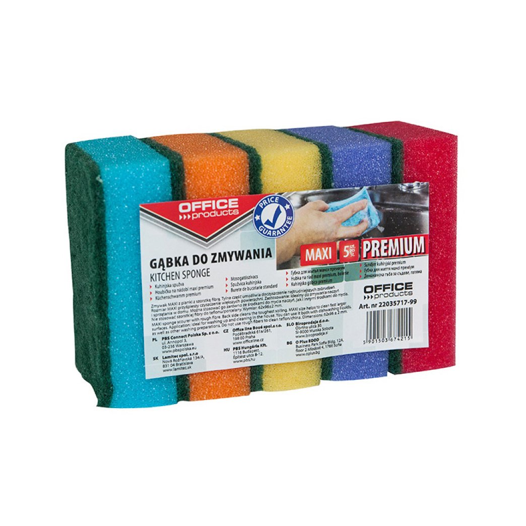 Gąbka do zmywania OFFICE PRODUCTS Maxi Premium, 5szt., mix kolorów