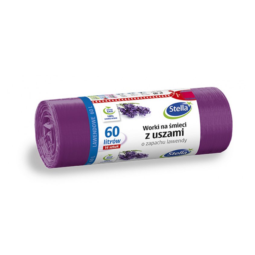 Worki na śmieci z uszami STELLA, zapach lawendy, 60 l, 16 szt., lawendowy