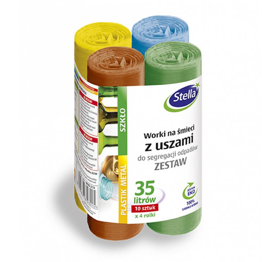 Worki z uszami STELLA, do segregacji odpadów, zestaw, 35 l, 4x10 szt., mix