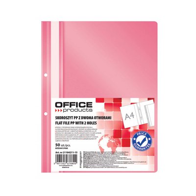 Skoroszyt OFFICE PRODUCTS, PP, A4, 2 otwory, 100/170mikr., wpinany, różowy