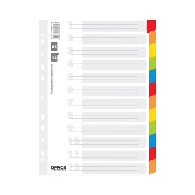 Przekładki OFFICE PRODUCTS, karton, A4, 227x297mm, 12 kart, lam. indeks, mix kolorów
