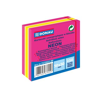 Mini kostka samoprzylepna DONAU, 50x50mm, 1x250 kart., neon-pastel, mix różowy