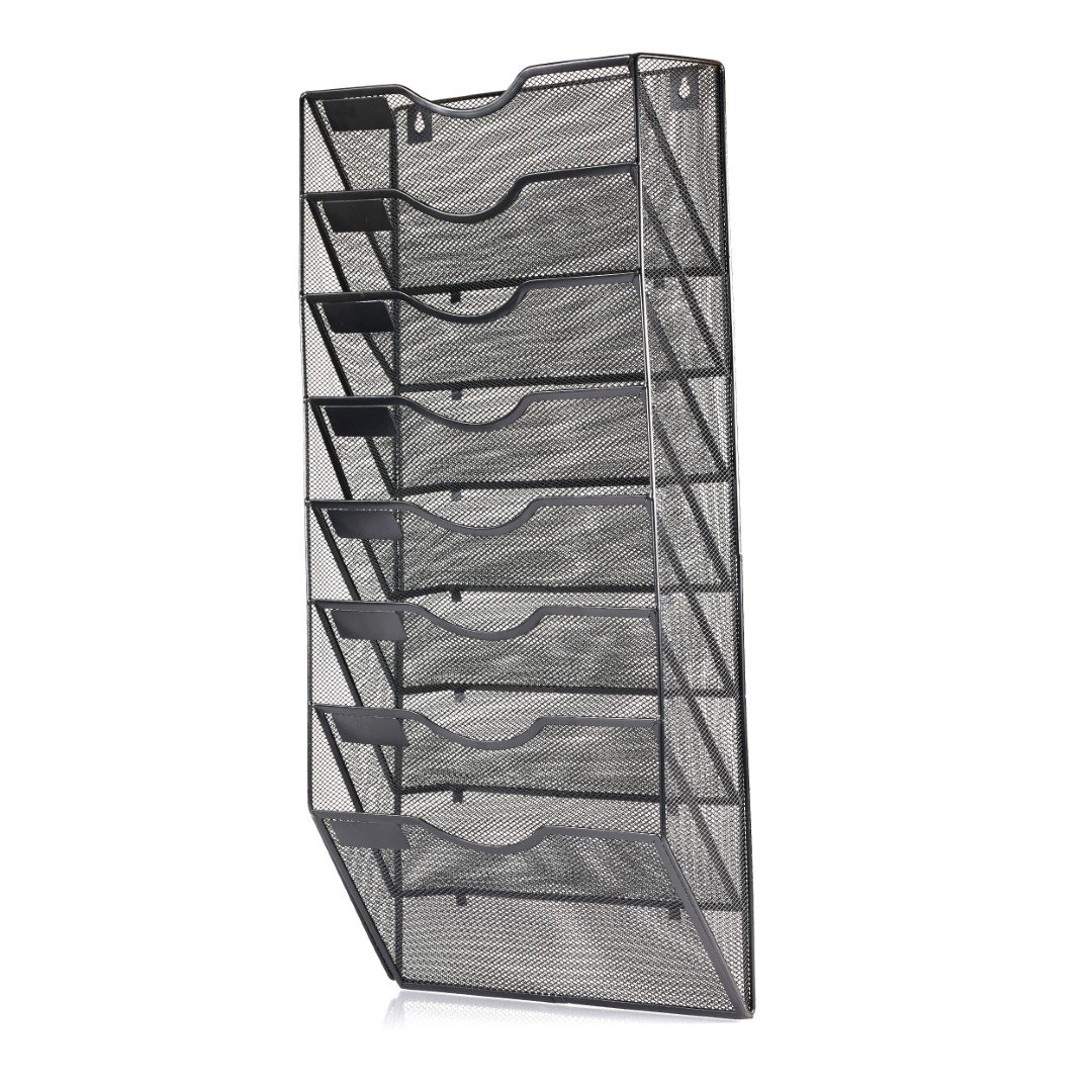 Eleganckie półki na dokumenty, metalowy naścienny organizer 8 półek, czarny