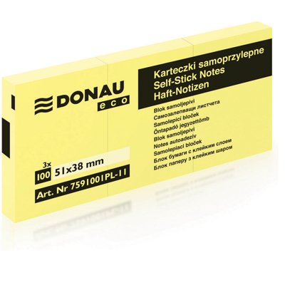 Bloczek samoprzylepny DONAU Eco, 38x51mm,100 kart., jasnożółty