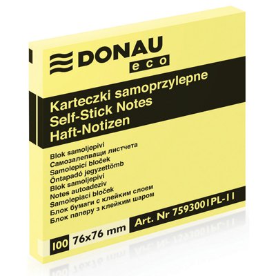 Bloczek samoprzylepny DONAU Eco, 76x76mm, 12x100 kart., jasnożółty