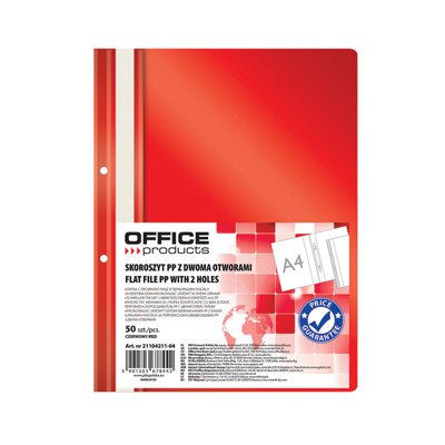 Skoroszyt OFFICE PRODUCTS, PP, A4, 2 otwory, 100/170mikr., wpinany, czerwony