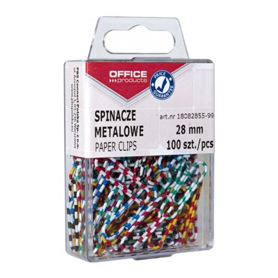 Spinacze metalowe OFFICE PRODUCTS Zebra, powlekane, 28mm, w pudełku, 100szt., mix kolorów