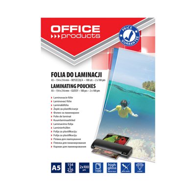 Folia do laminowania OFFICE PRODUCTS, A5, 2x100mikr., błyszcząca, 100szt., transparentna