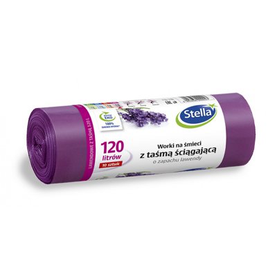 Worki na śmieci STELLA, z taśmą ściągającą, zapach lawendy, 120 l, 10 szt., lawendowy