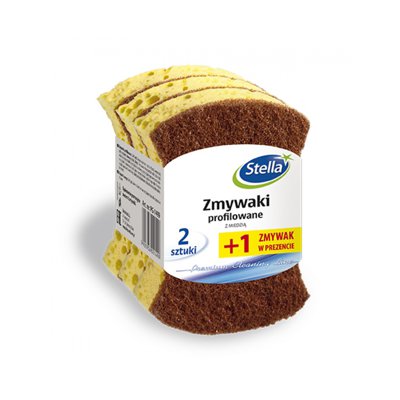 Zmywaki profilowane STELLA, z miedzią, 2 szt. + 1 gratis, żółta pianka, brązowa fibra