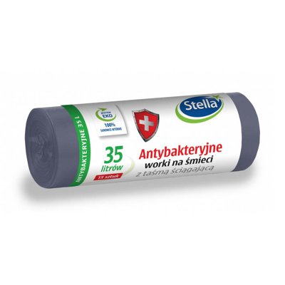 Worki na śmieci STELLA, z taśmą ściągającą, antybakteryjne, 35l, 15szt, szare, szary