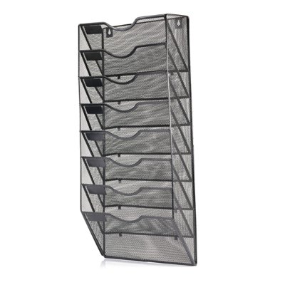 Eleganckie półki na dokumenty, metalowy naścienny organizer 8 półek, czarny